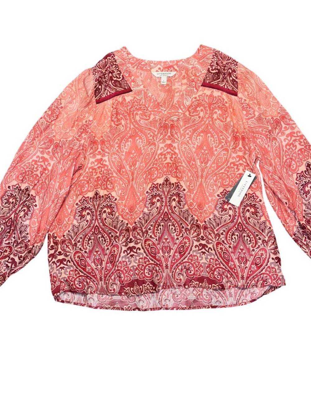 Liverpool LA Mauve Ombré Pink Paisley Blouse V Neck Ladies Small NWT Long Sleeve